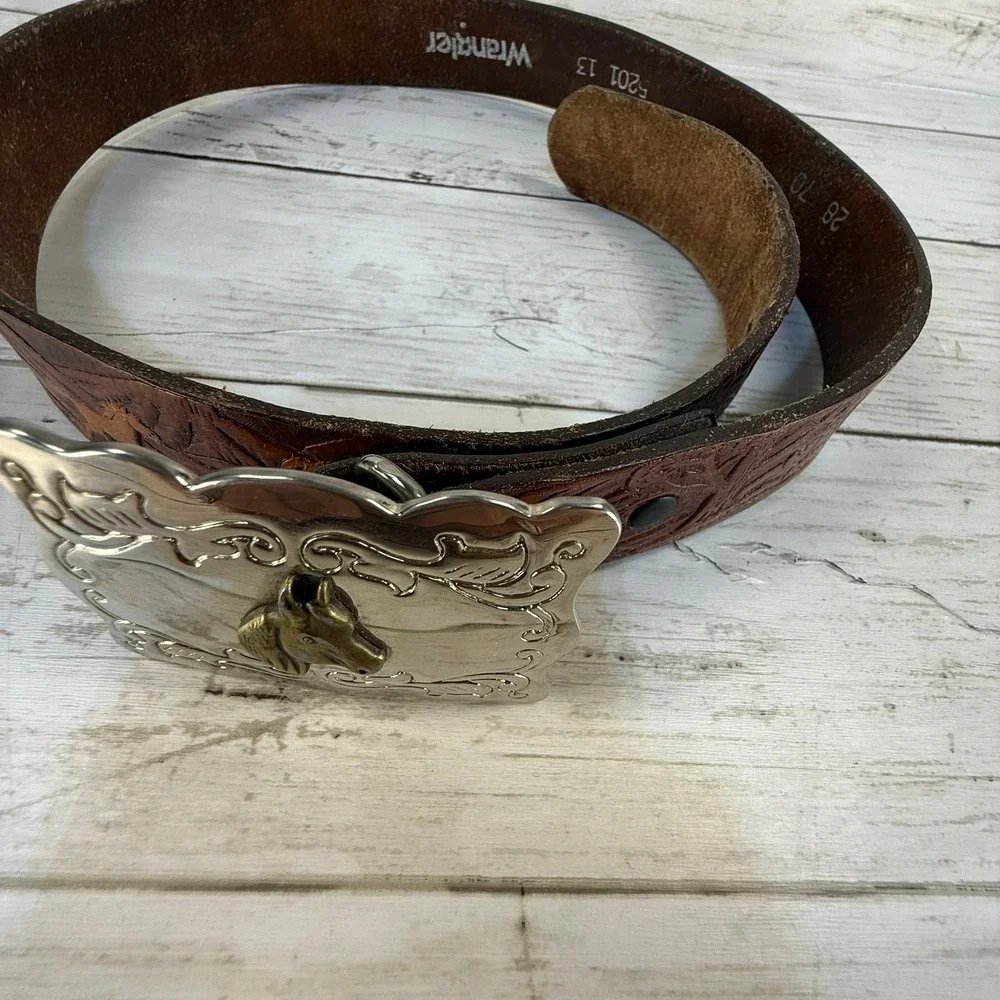 Wrangler‎ Brown Tooled Leather Western Horse Belt Silver Trophy Buckle Size 28